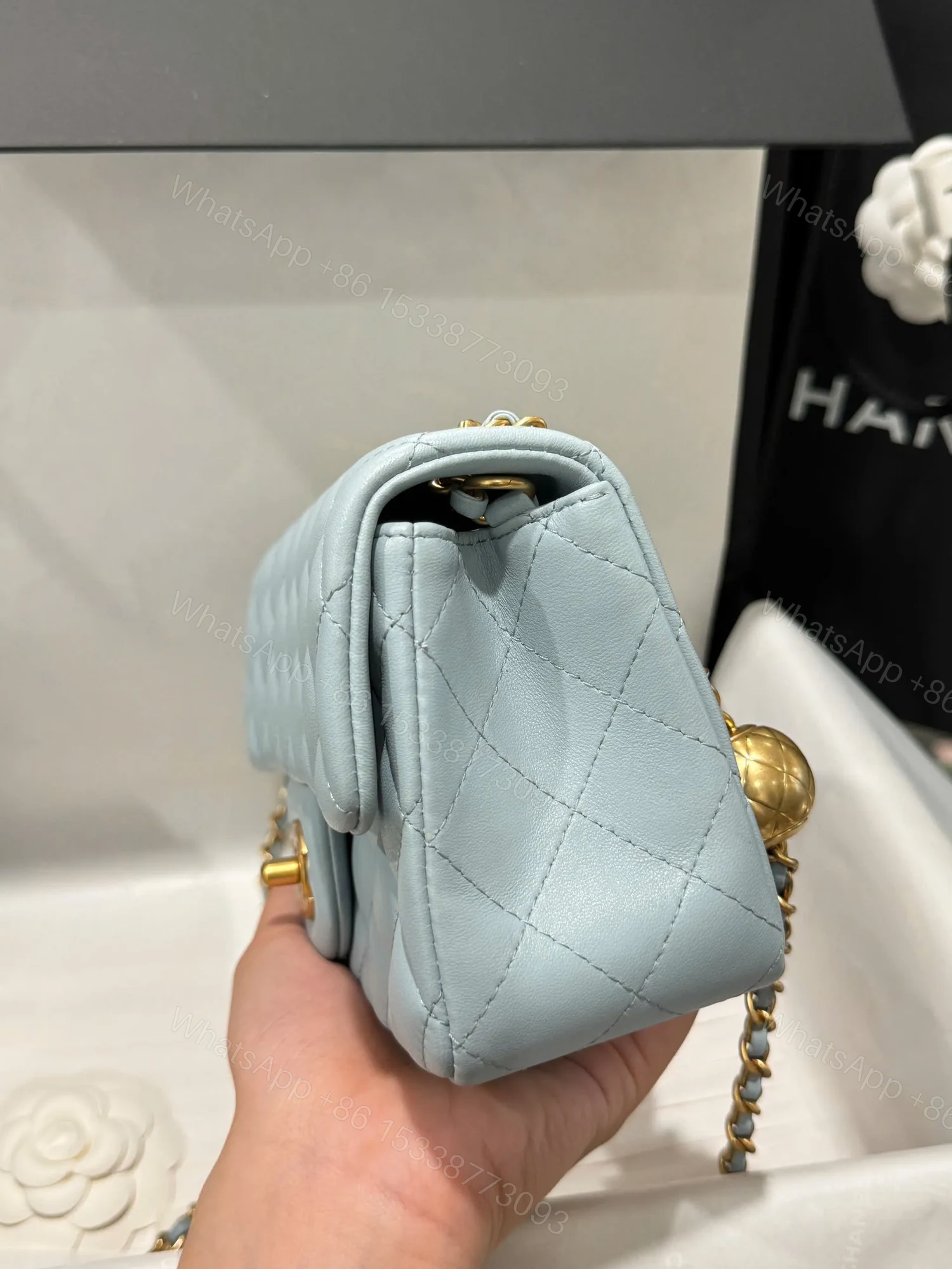 View 5 of Chanel Classic Bell Bag Handbag Sheepskin Blue Like Auth Lock Gold 20cm