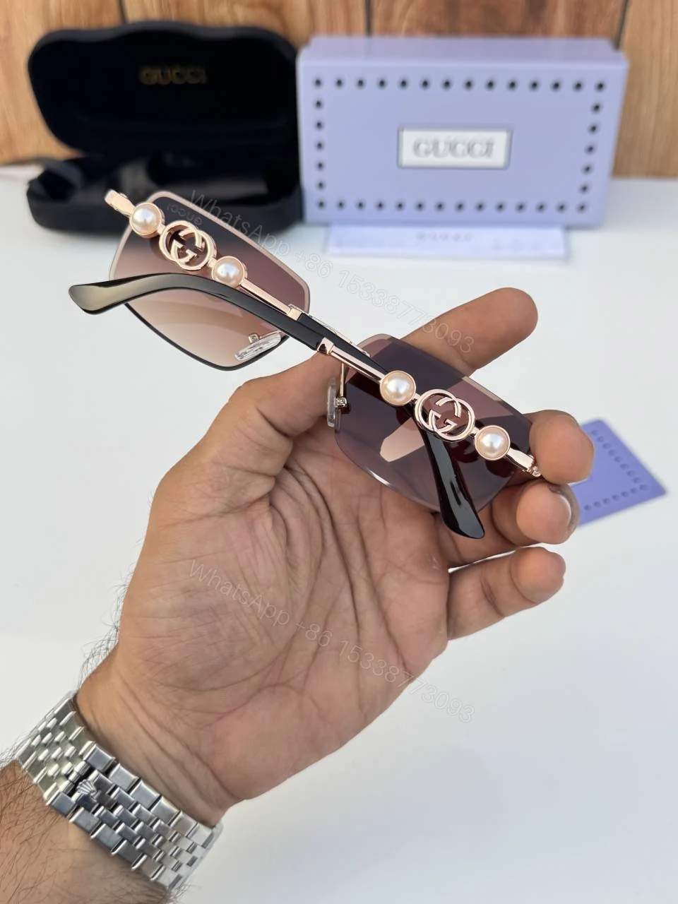 View 4 of First Copy Gucci 18327 Gold Brown Luxury Designer Sunglasses Premium UV Protection Eyewear