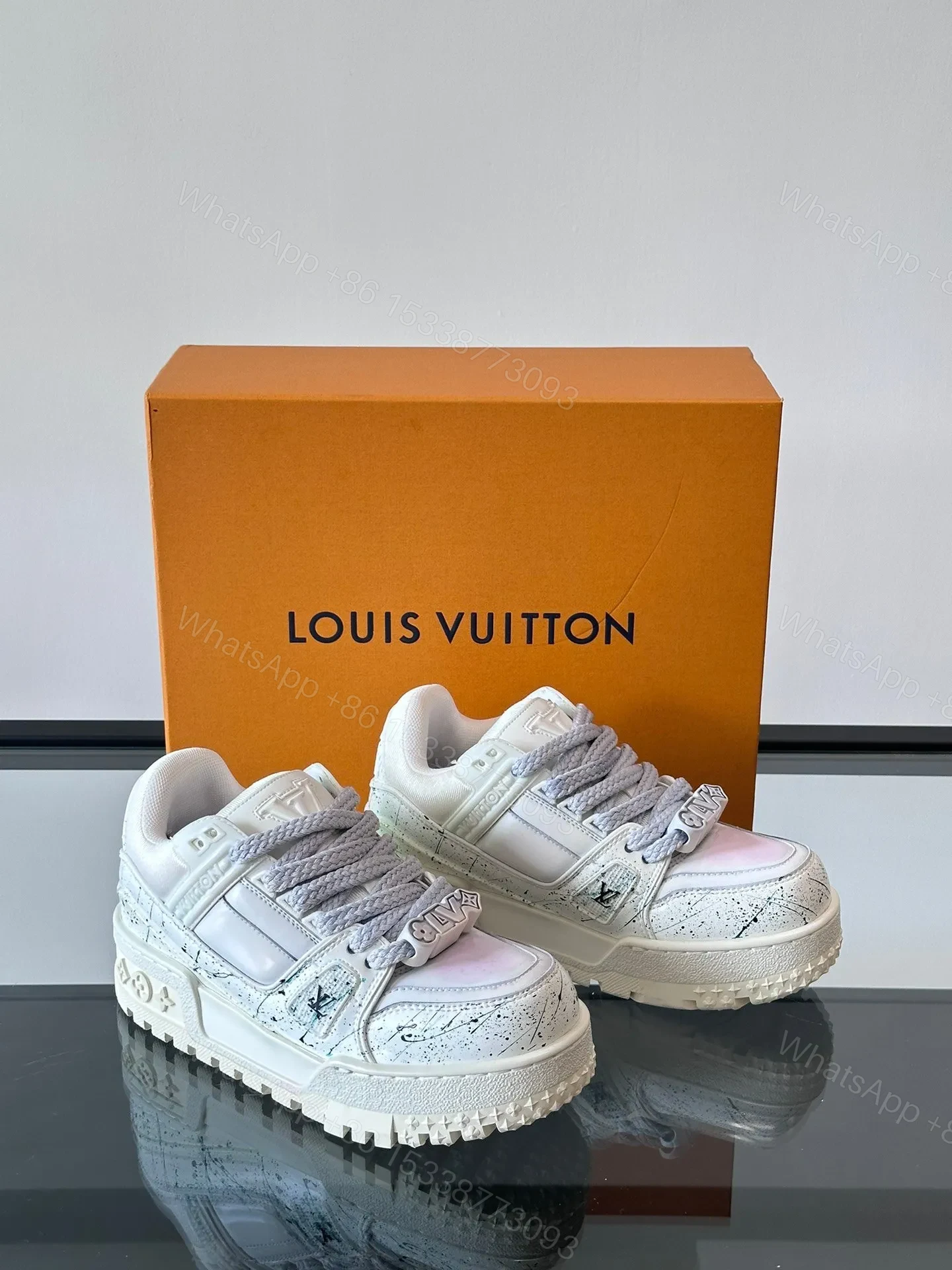 View 5 of LV Men White Leather Sneakers With Black Splatter
