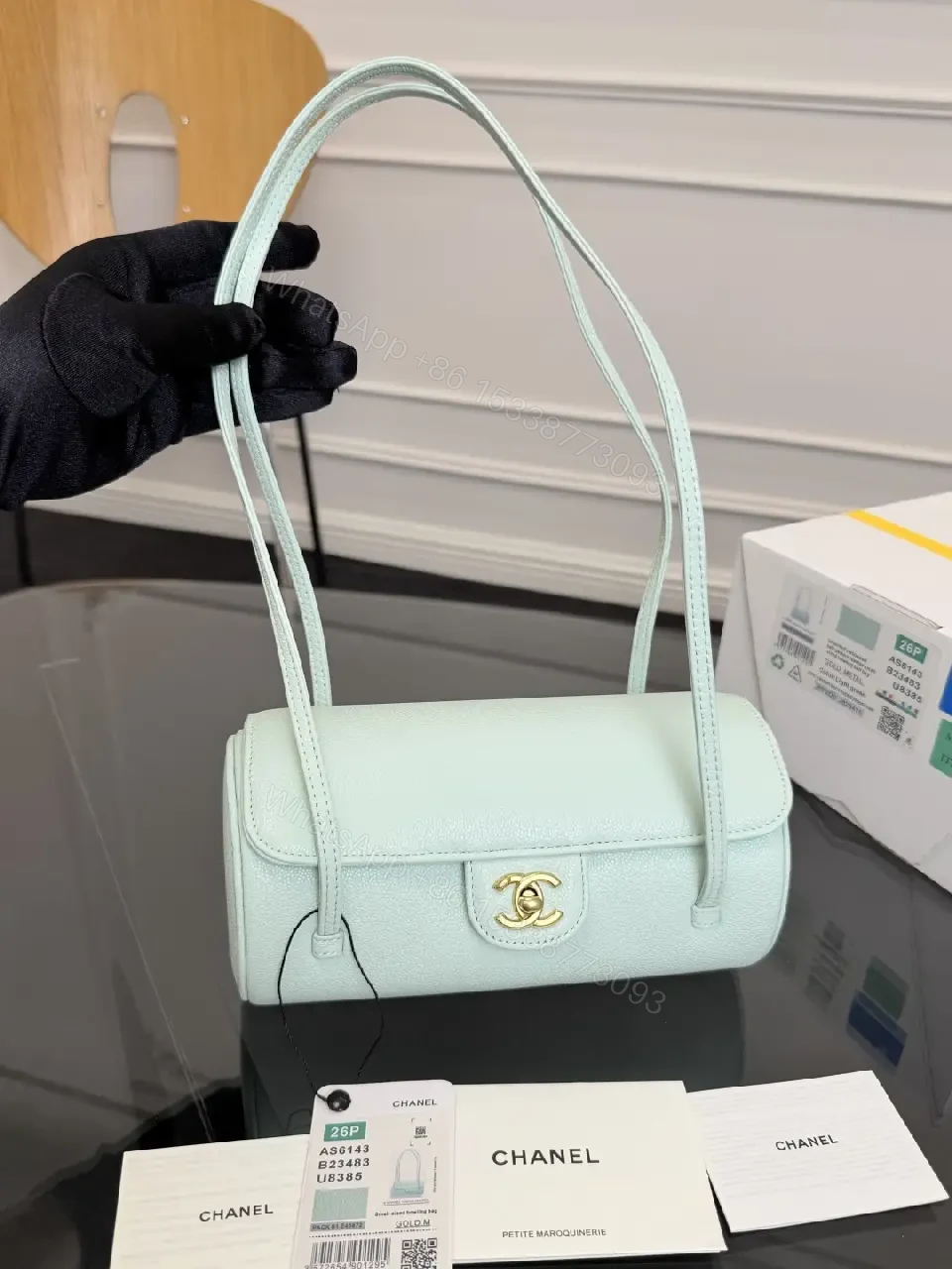 View 2 of Mint Textured Mini Bag with Gold Logo, Crossbody-Optional Luxury