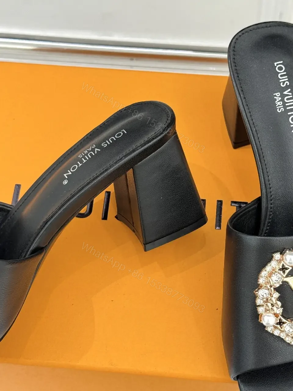 View 2 of Black Leather Slingback Slides — Crystal Emblem, 2" Block Heel