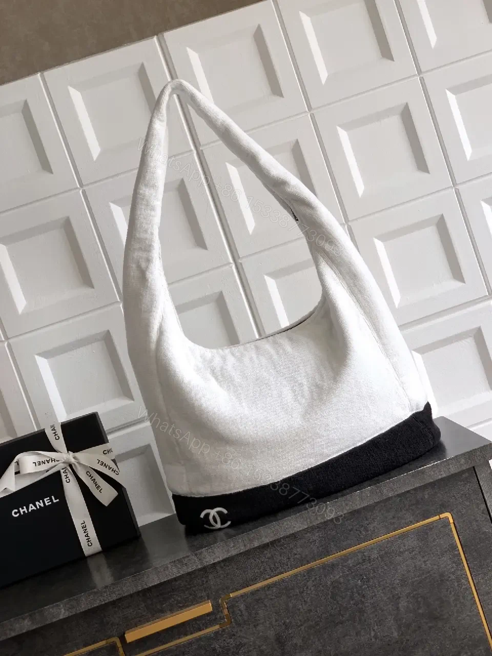 View 9 of Two-Tone Knit Slouchy Hobo Bag with Chanel-Inspired Logo