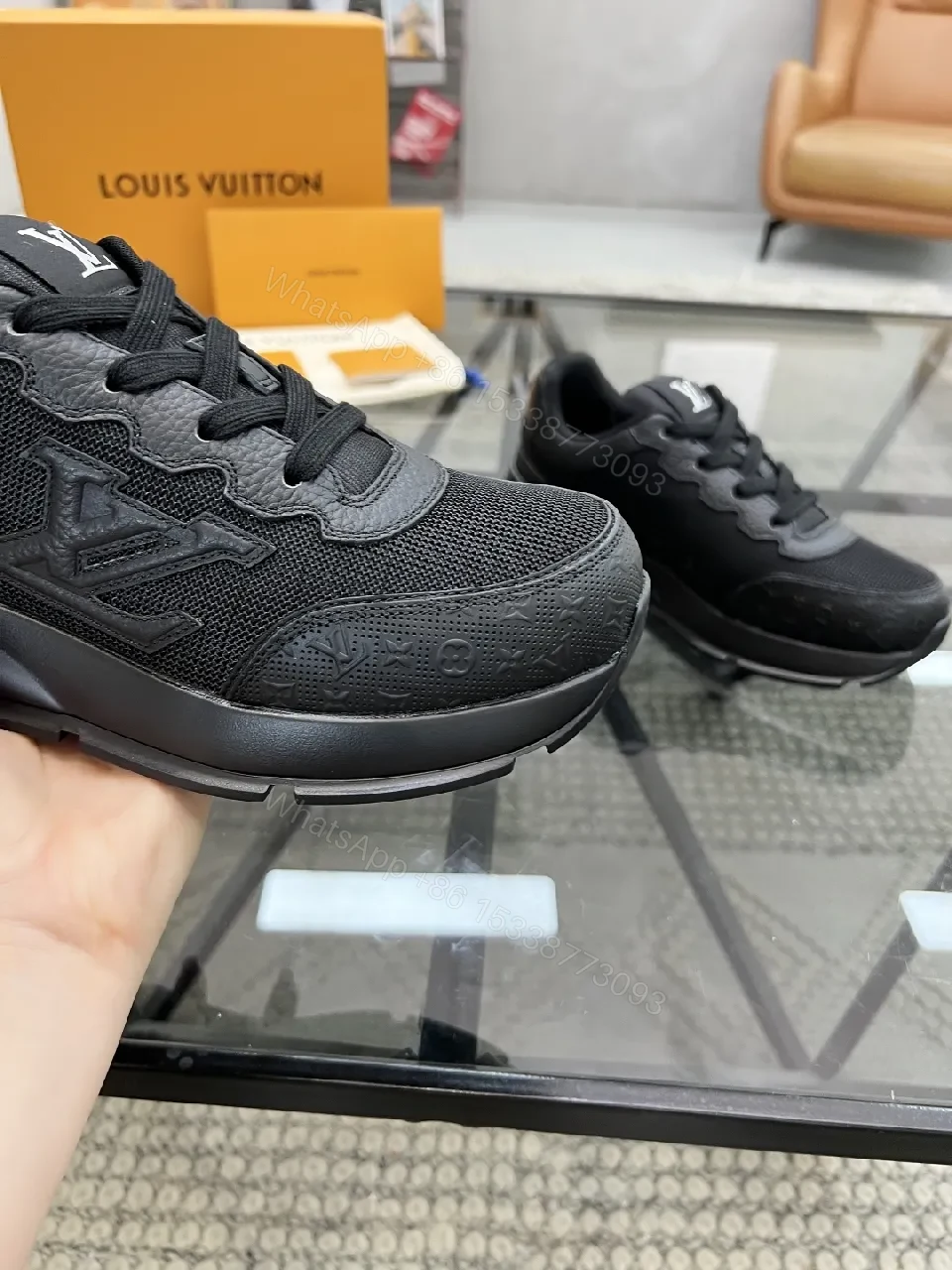 View 4 of Black Leather-Textured Runner with Signature Detailing Sneakers