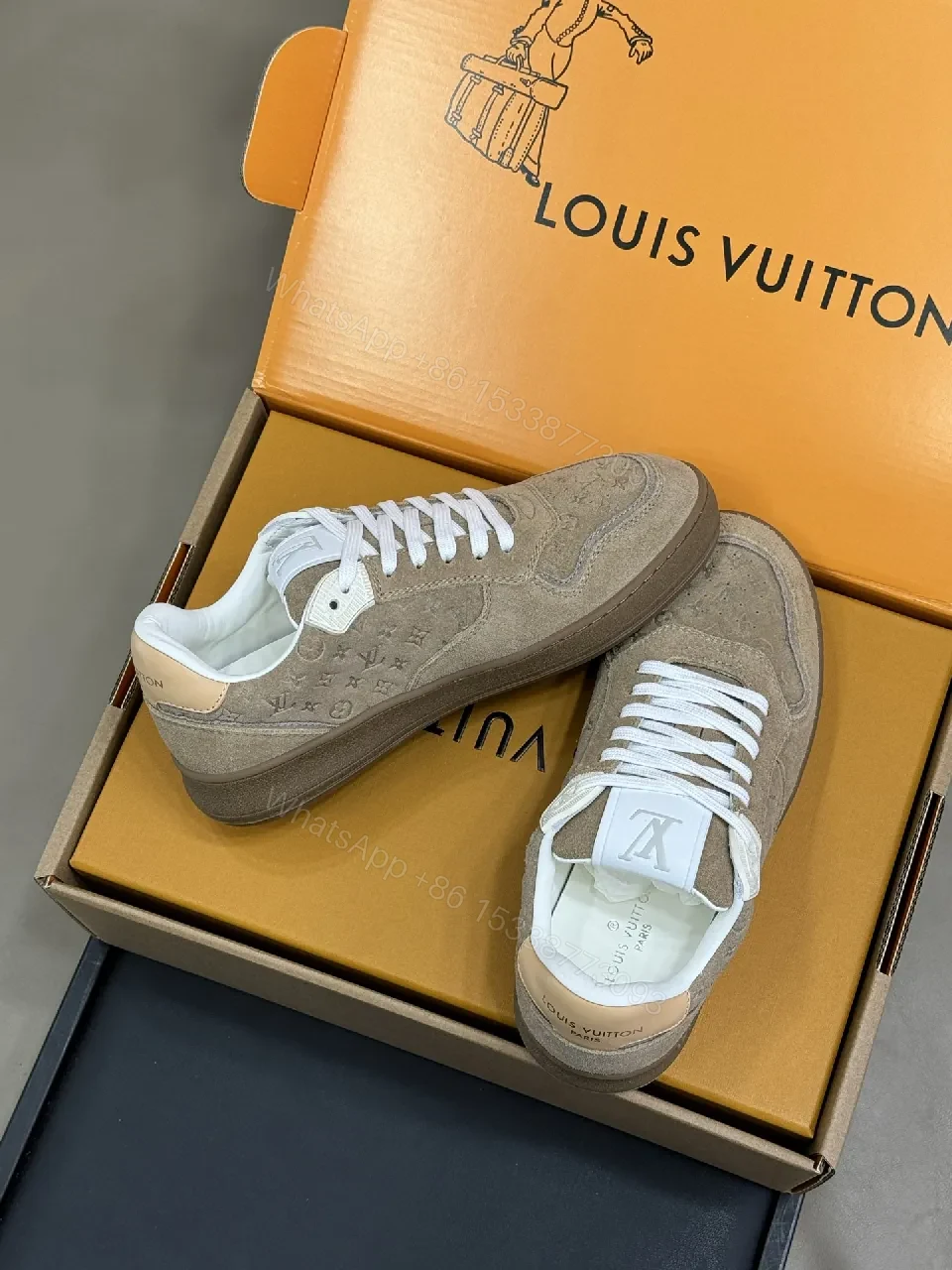 View 8 of Low-Top Luxe Sneaker: Taupe Suede, Monogram Textured Comfort