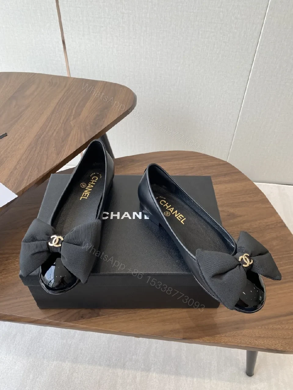 Lux Black Leather Bow Flats with Gold Hardware — view 1
