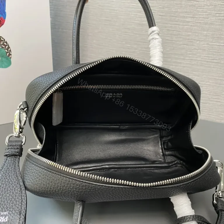 View 8 of Prada Black Mini Top-Handle Bag with Striped Strap