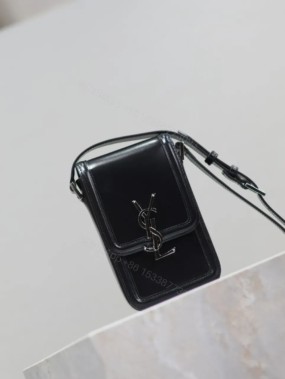 View 8 of Mini Crossbody: Black Leather, Luxe Chic, Logo Clasp, Crossbody Bag