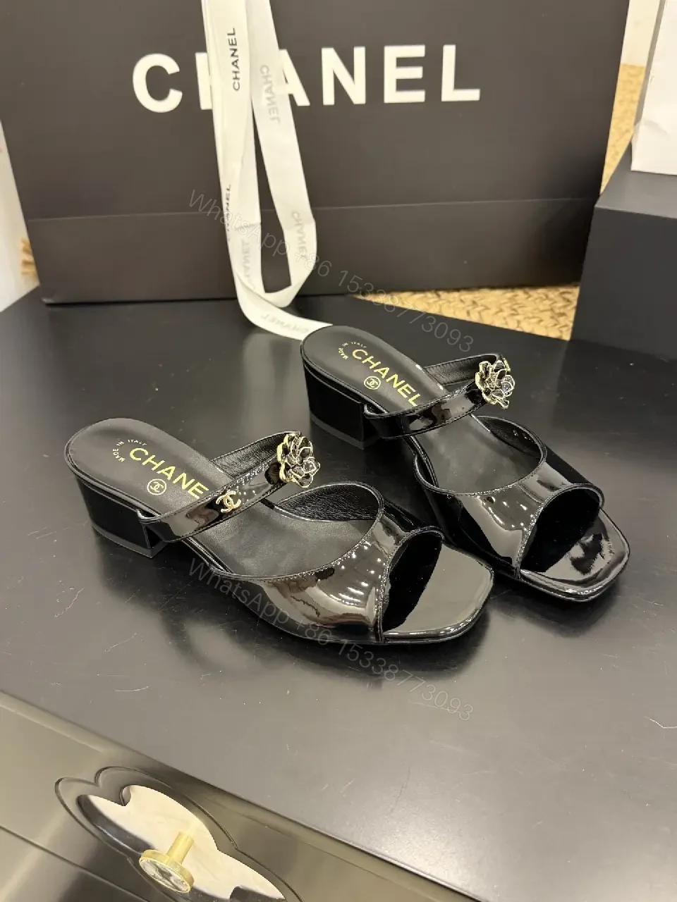 Glossy Satin Mules with Crystal Rose Accent - Open-Toe, Low Heel — view 1