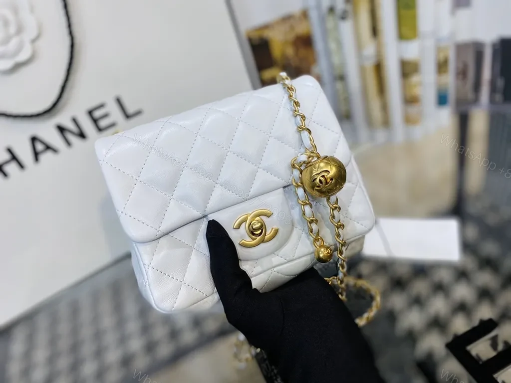 View 9 of Pristine White Quilted Bag with Gold Chain