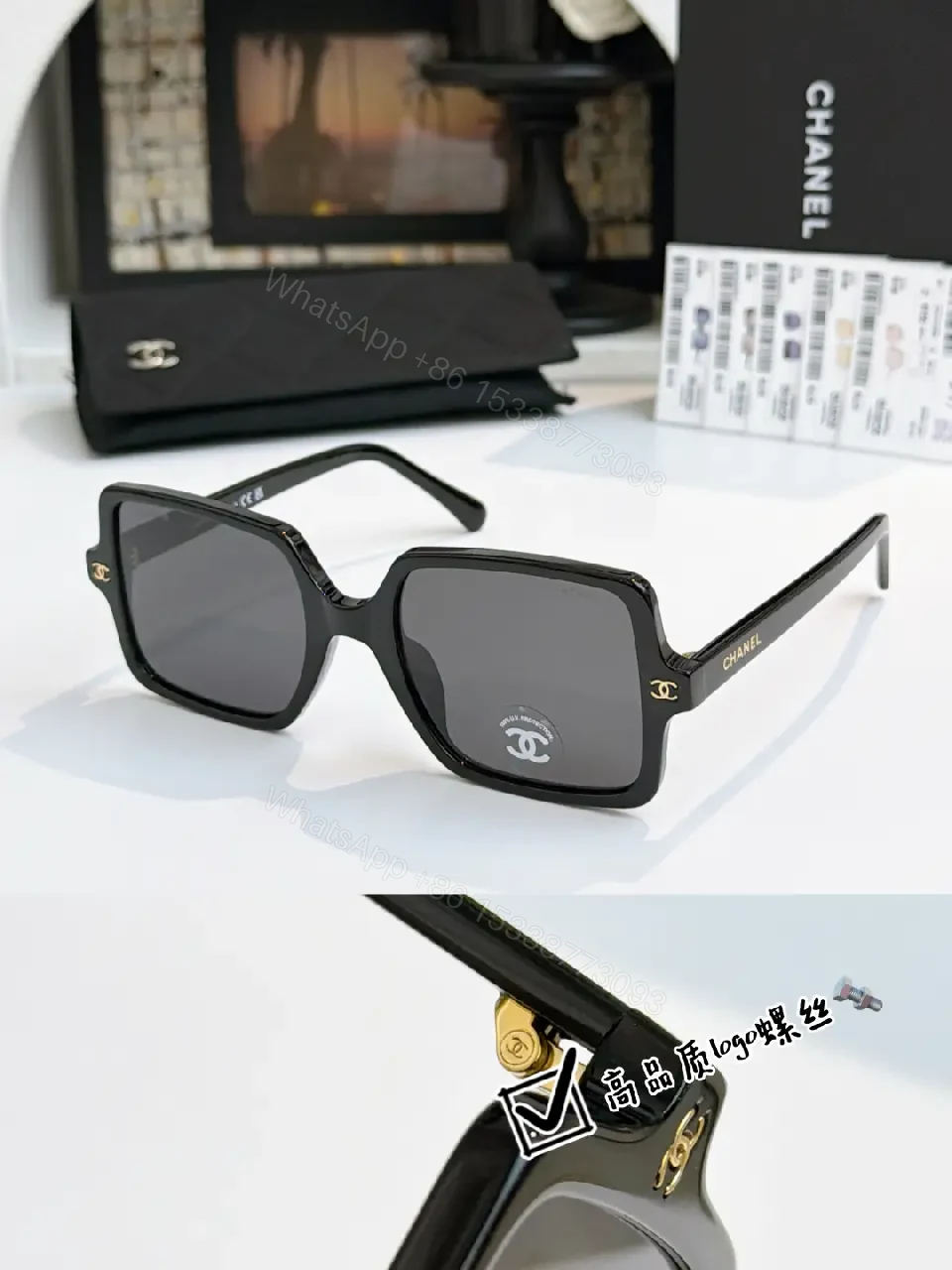 View 6 of Black Frame Oversized Sunglasses with Gold Chanel Logos, Matte Gray Lenses