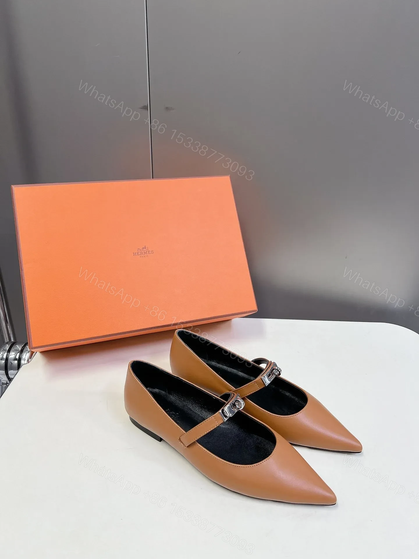 View 3 of Hermes Women Tan Leather Pointed Toe Flats