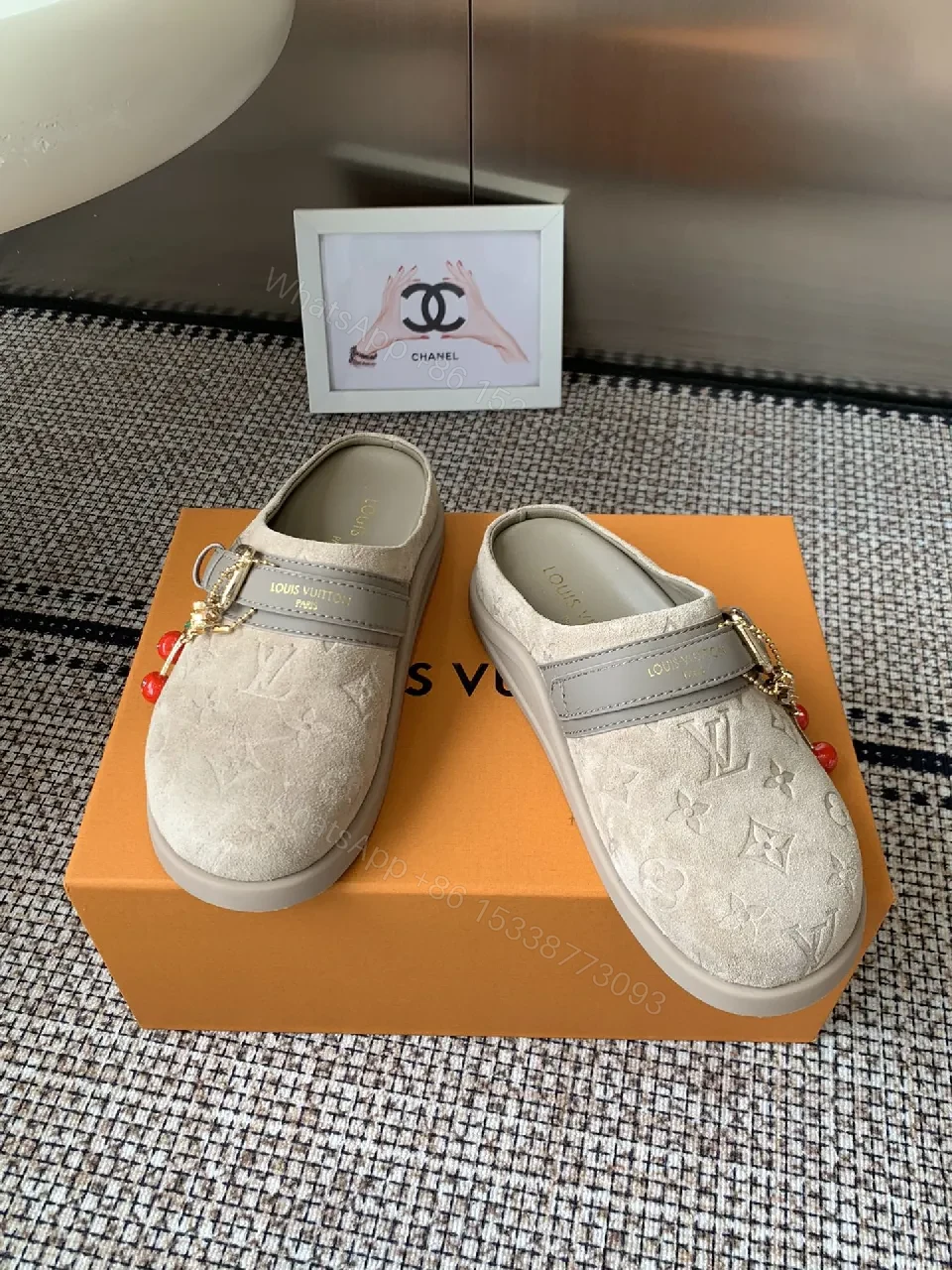 View 2 of Ivory Suede-Look Slip-Ons with Monogram & Charm Designer-Inspired Comfort