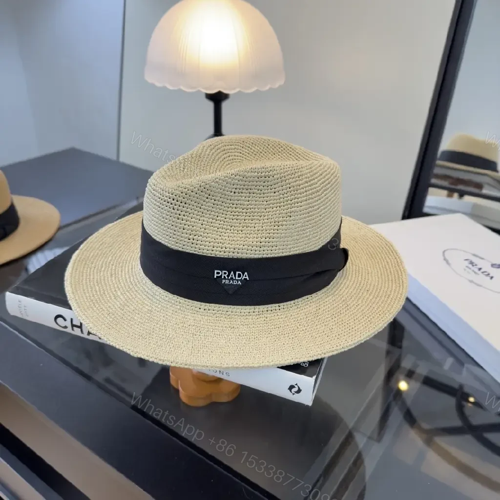 View 2 of Natural Beige Straw Panama Hat with Black Prada Band