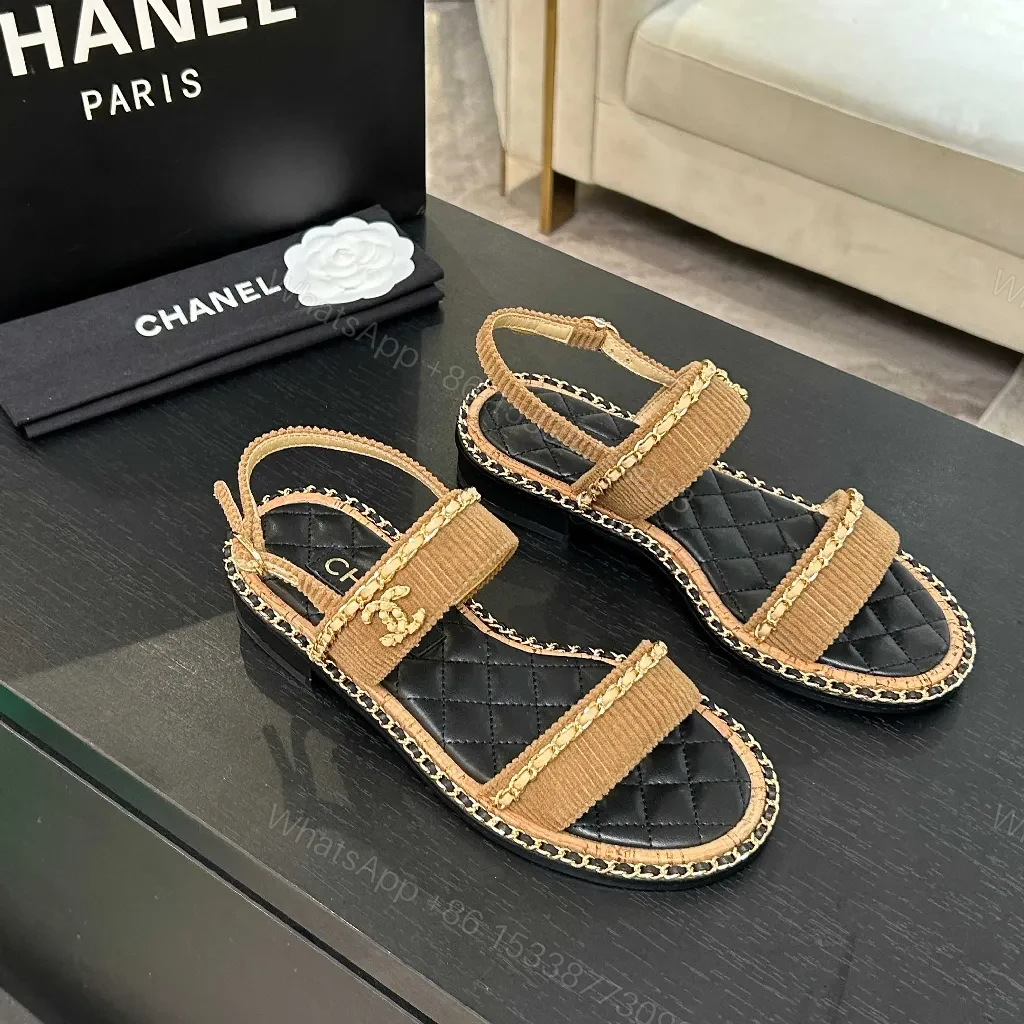 Textured Sandals: Quilted Footbed, Gold Chain Detailing, Neutral Tan — view 1