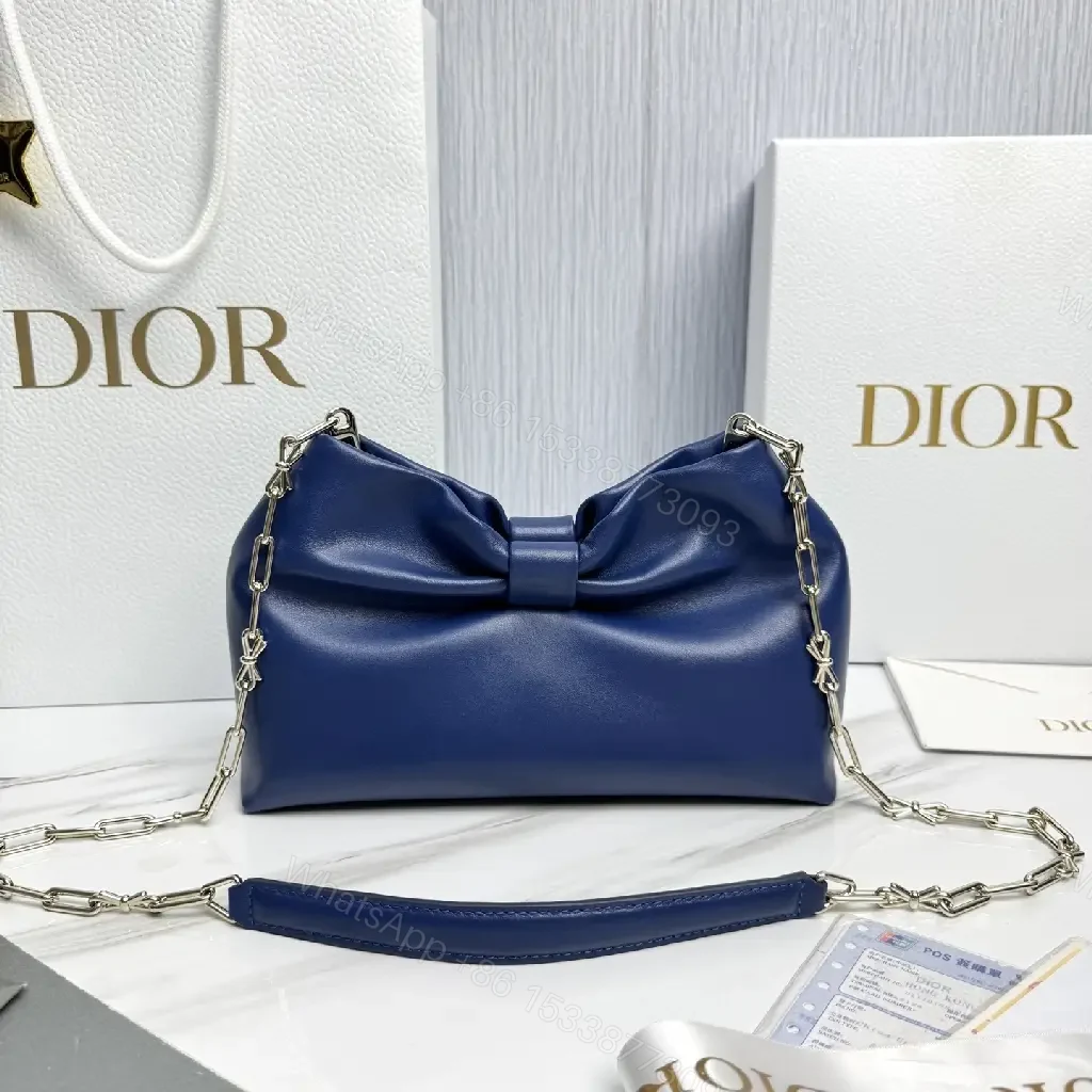 View 7 of Elegant Navy Textured Bag with Bowed Chain - Luxury Everyday Tote