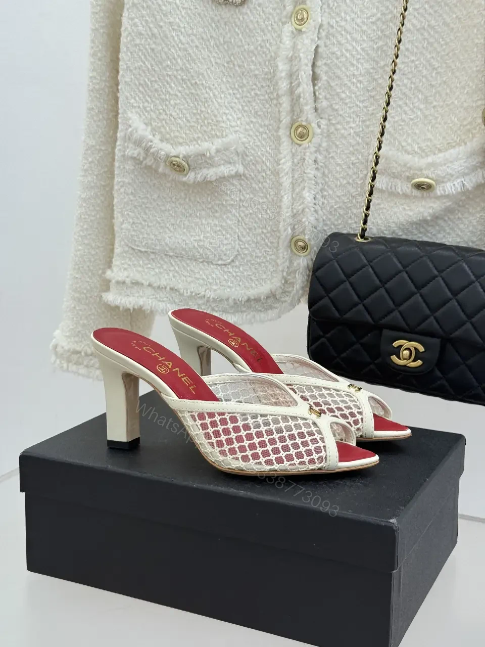 View 2 of White Mesh Heels Red Insole Classic Netted Upper Mule Sandals