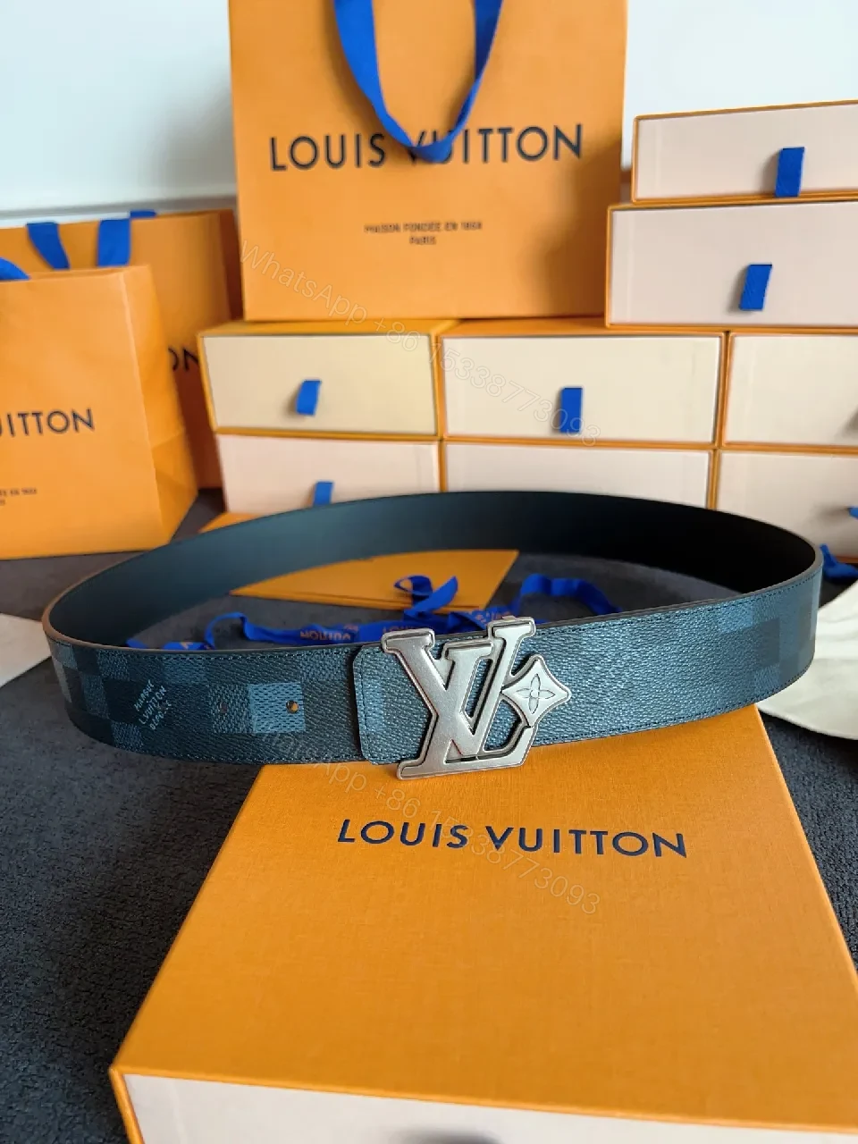 View 7 of Damier-Check Textured Belt with Bold LV Buckle