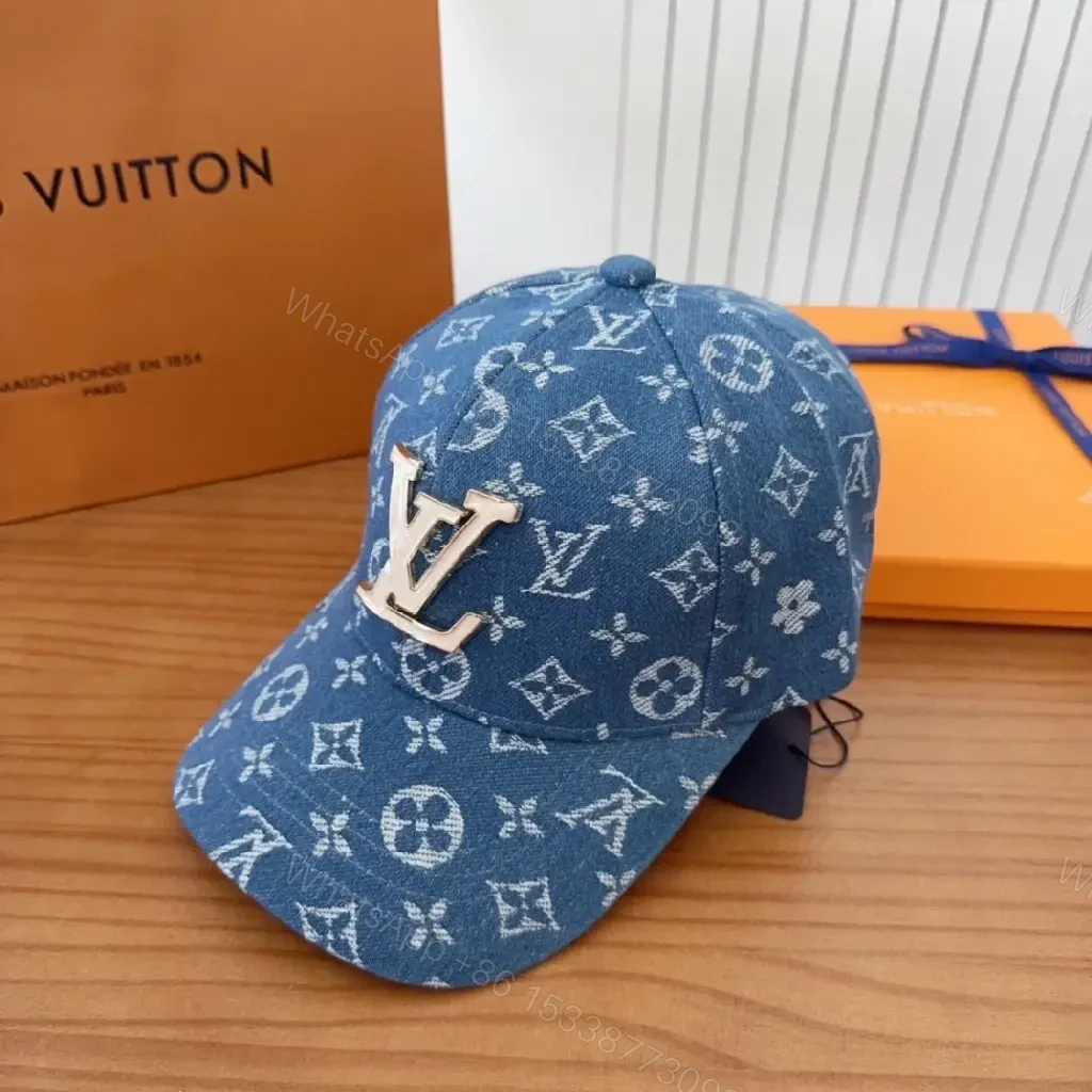 View 7 of Indigo Denim Cap with Gold LV Crest Monogram, Curved Visor
