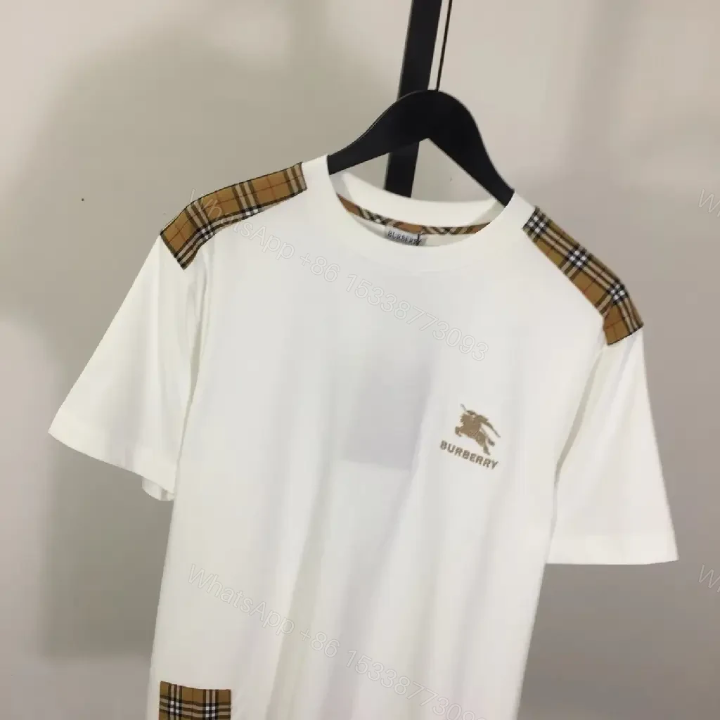View 4 of Casual Luxe Tee: White Cotton with Plaid Shoulder Accents