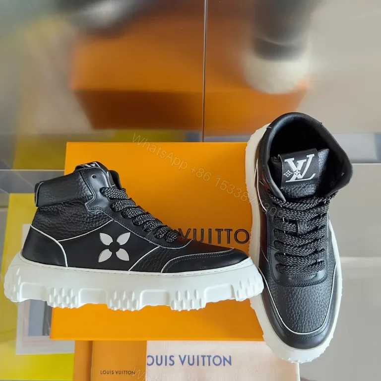 View 3 of Black Leather High-Top Sneakers with LV Detail