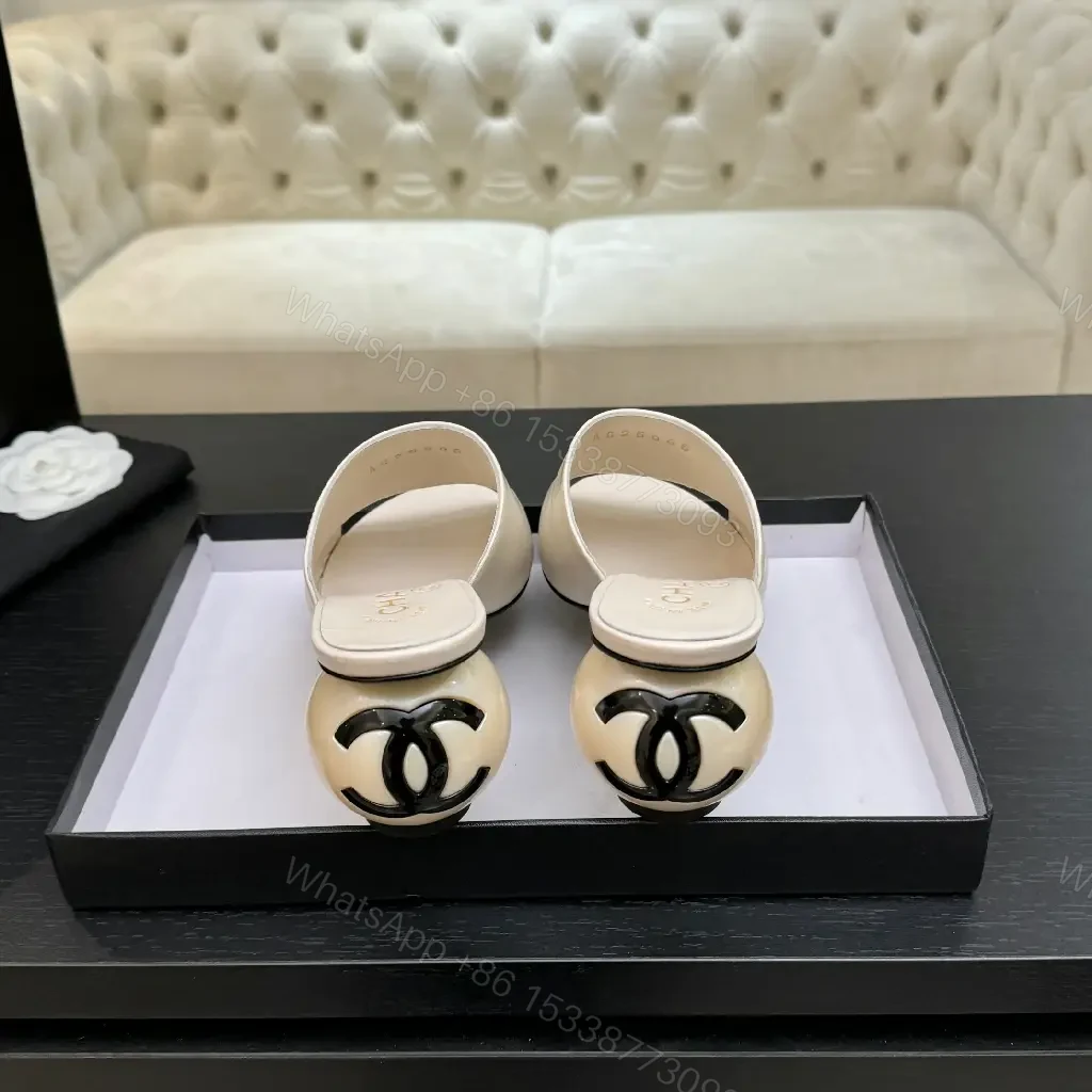 View 5 of Ivory Leather Block-Heel Slides with Interlocking Hardware
