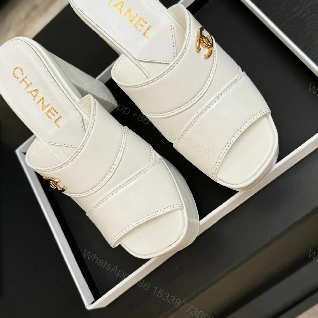 View 7 of White Patent Platform Mules, Chunky Heel, Triple-Strap Style