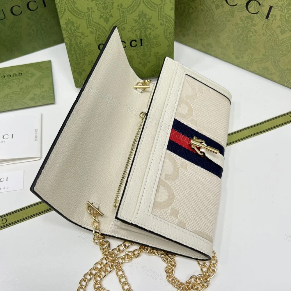 View 8 of Gucci Jackie 1961 Chain Wallet Beige And Ebony GG 19CM 652681 HUHHG 8565