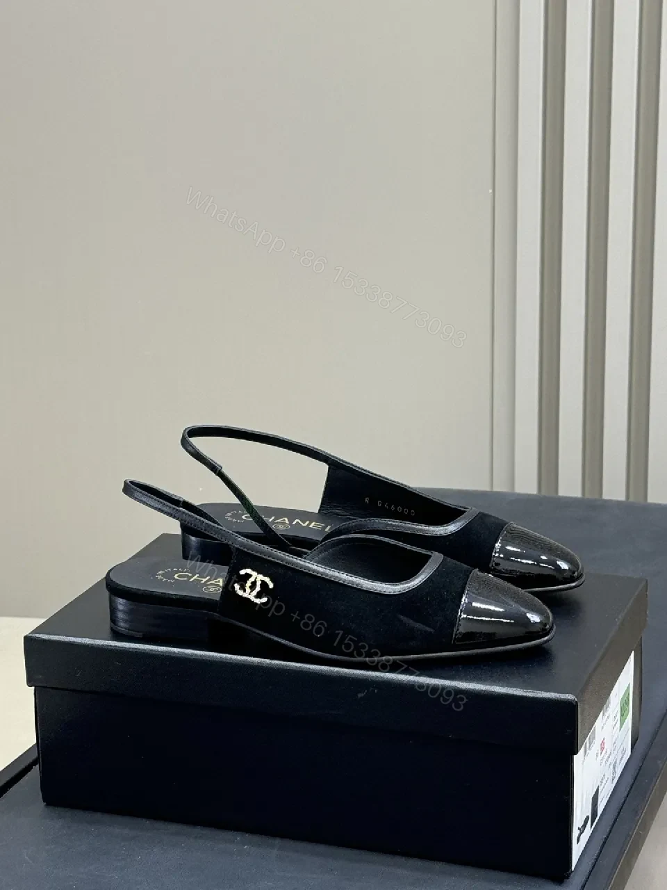 View 5 of Black Suede Slingback Sandals with Patent Toe Cap – Elegant Comfort