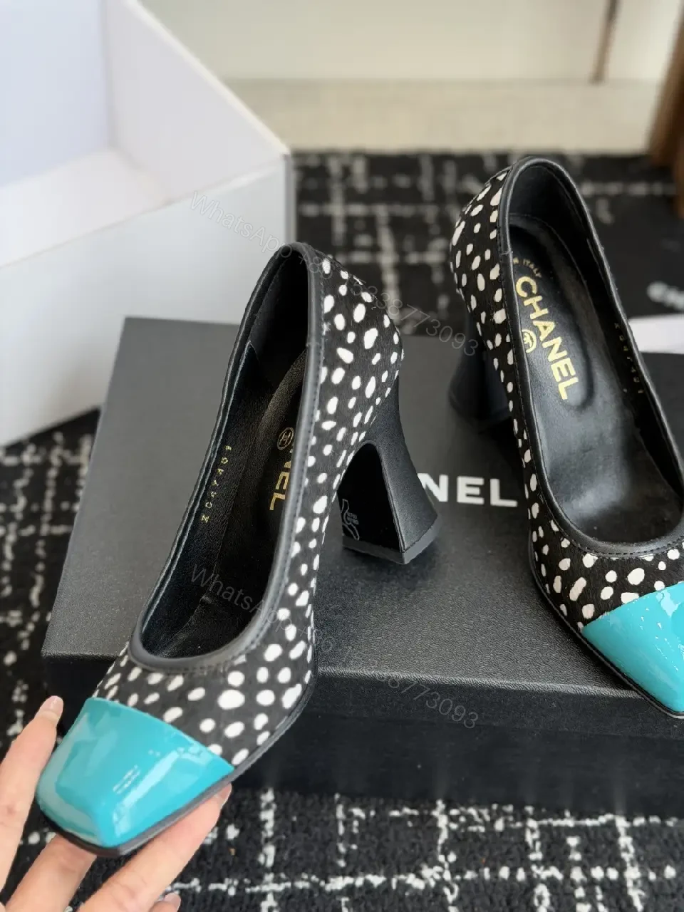 View 4 of Black/White Polka Dot Heels with Turquoise Cap Toe, Block Heel Style, Chanel-inspired, Pump