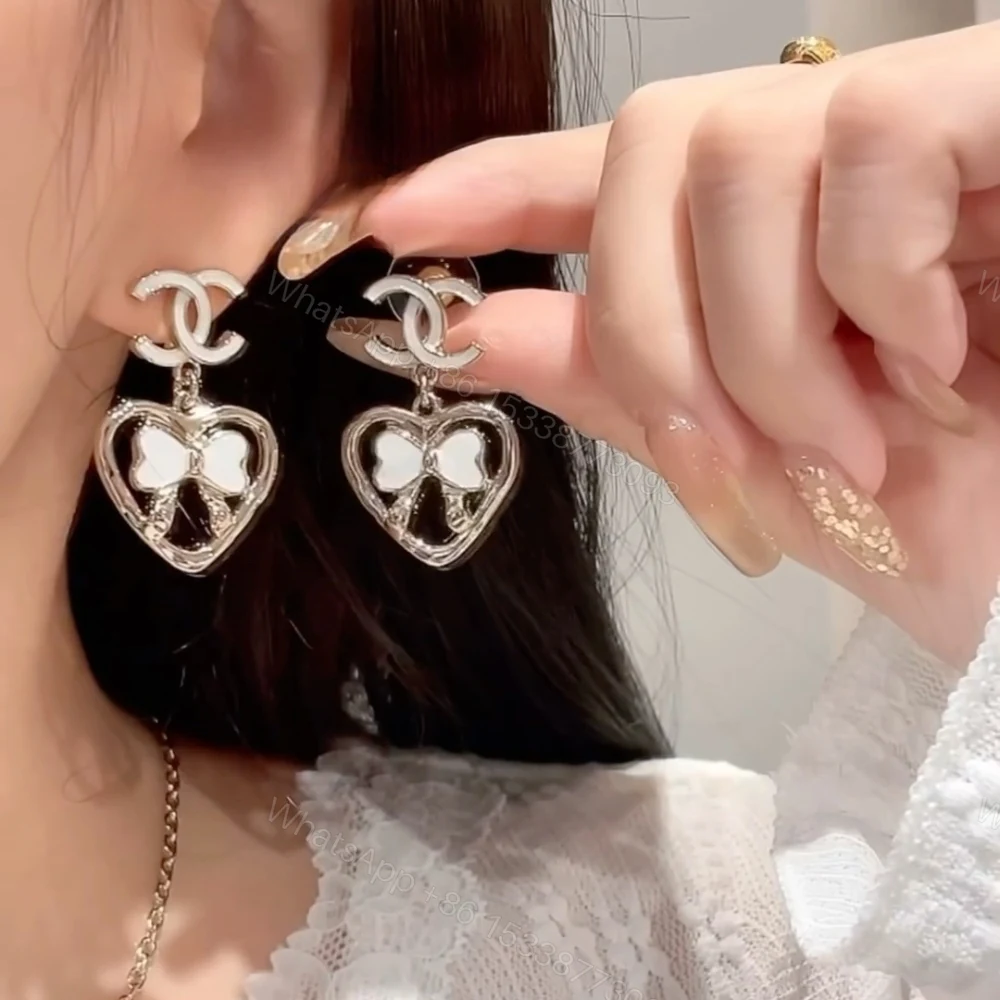 View 6 of Chanel Metal Enamel Cc Heart Drop Earrings Gold