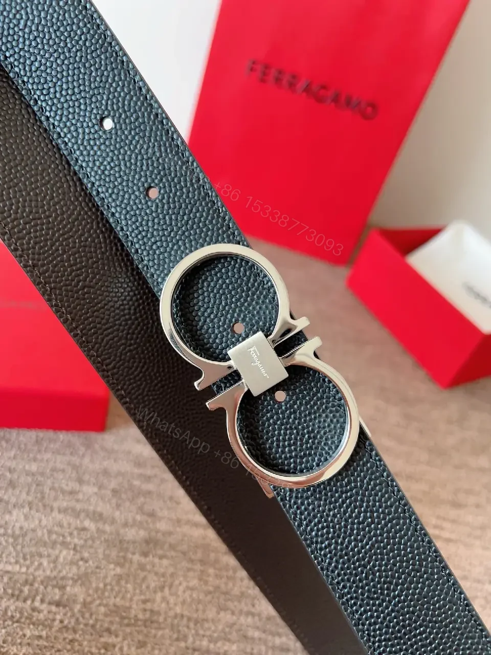 View 2 of Two-Tone Leather Belt with Interlock Buckle – Luxury Everyday Style
