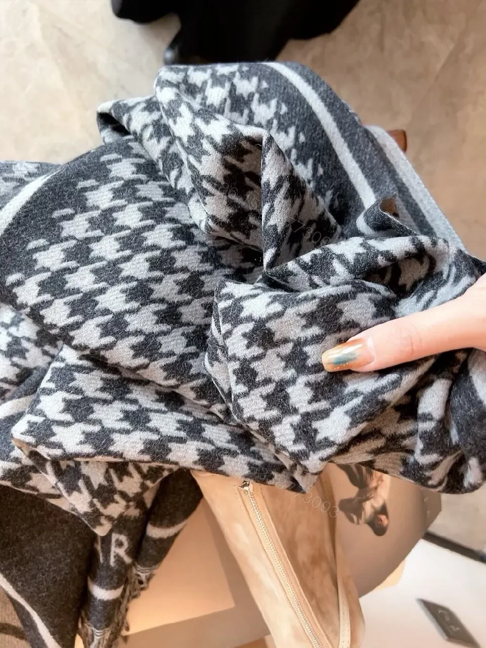 View 7 of Two-Tone Hermes-Inspired Knit Throw Blanket with Fringe