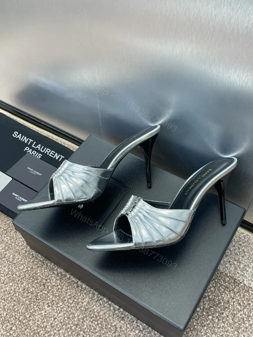 View 4 of Metallic Pointed-Toe Mule Heels with Signature Hardware Realized