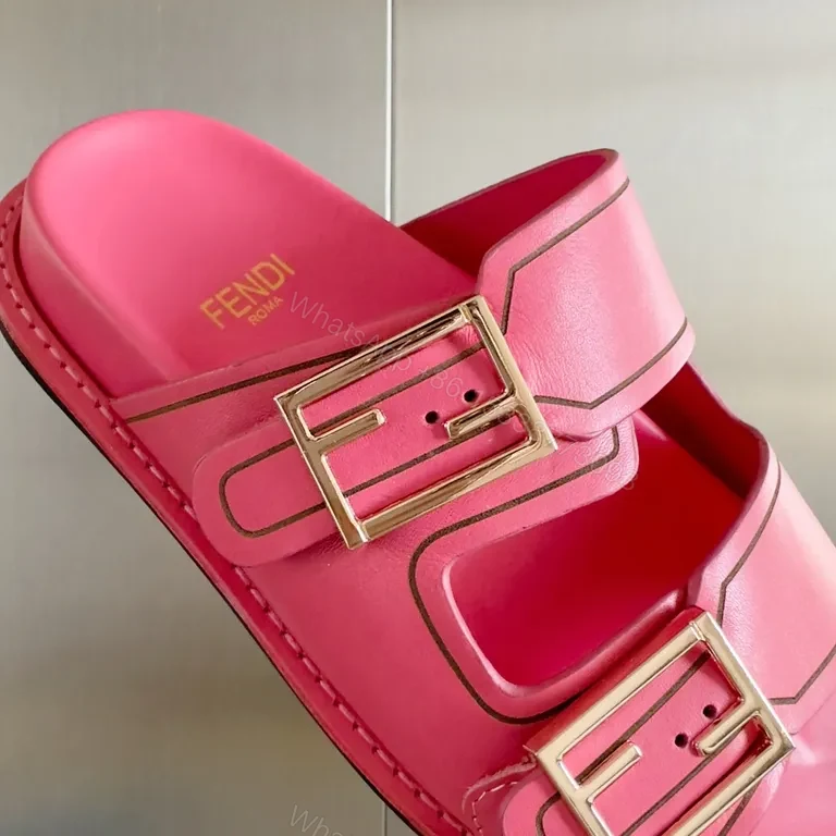 View 4 of Vivid Pink Fendi Leather Slides â€“ Bold Comfort, Elevated Casual