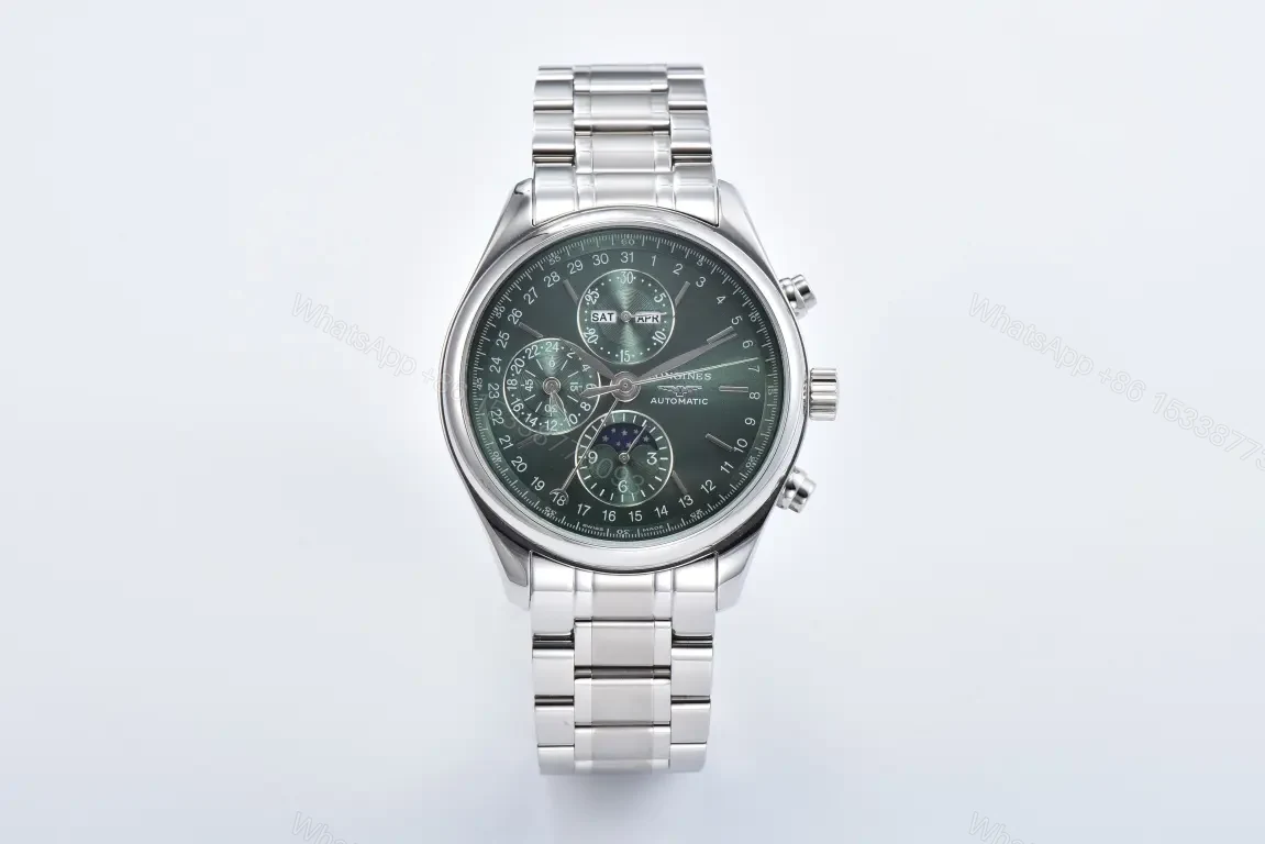 Longines Master Collection Moon Phase Chronograph Watch Silver Stainless Steel with Green Dial 42mm — view 1