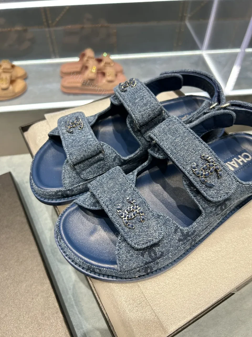 View 6 of Denim-Blue Embellished Sandals: Signature Comfort Shoes
