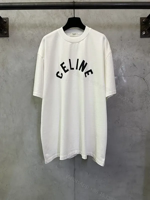 Oversized White Cotton Tee with Bold CELINE Arch Graphic — view 1