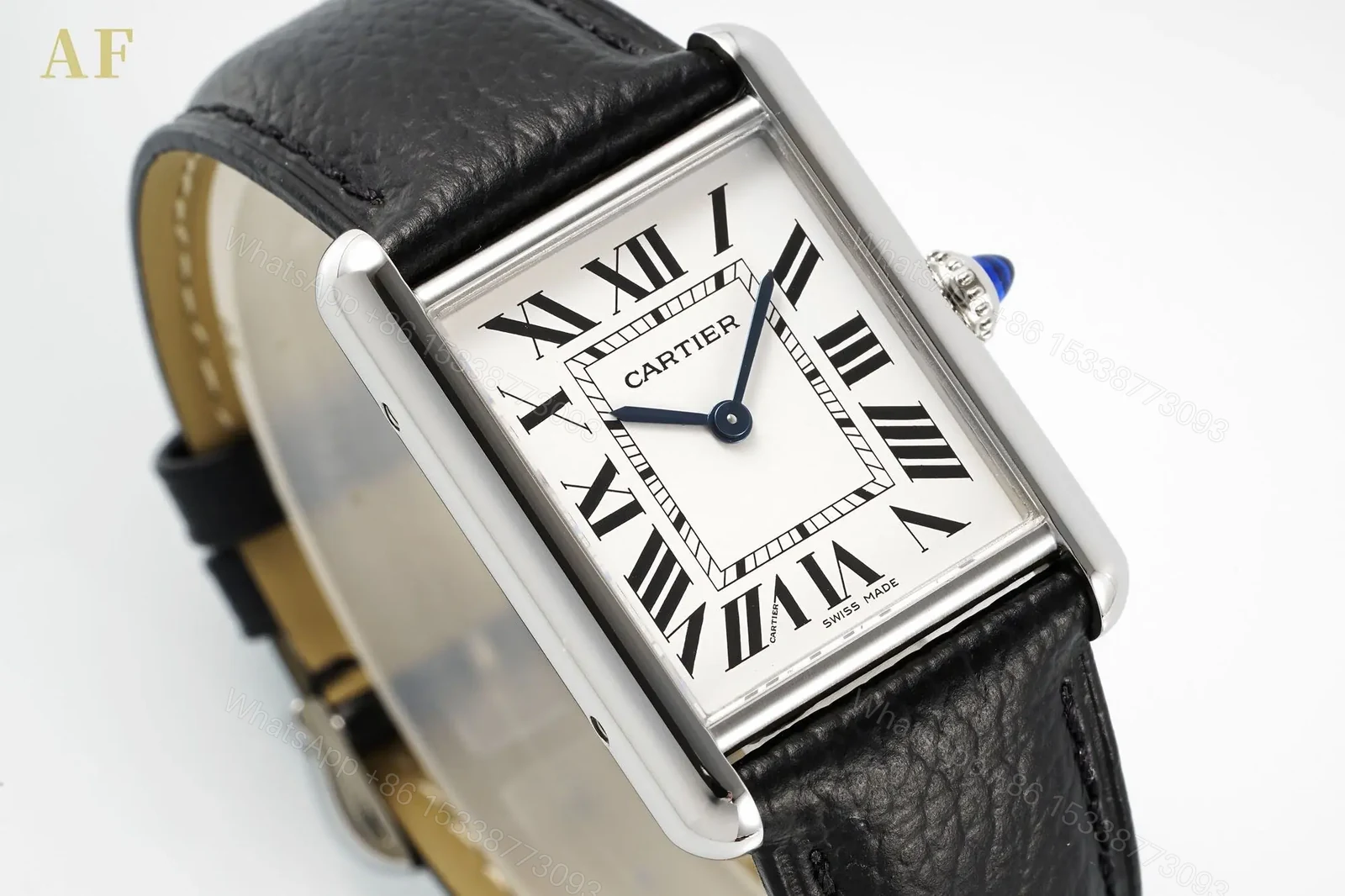 View 9 of BV Factory Cartier Tank Solo Quartz Watch – Silver Case, Black Leather Strap, White Dial, Blue Hands