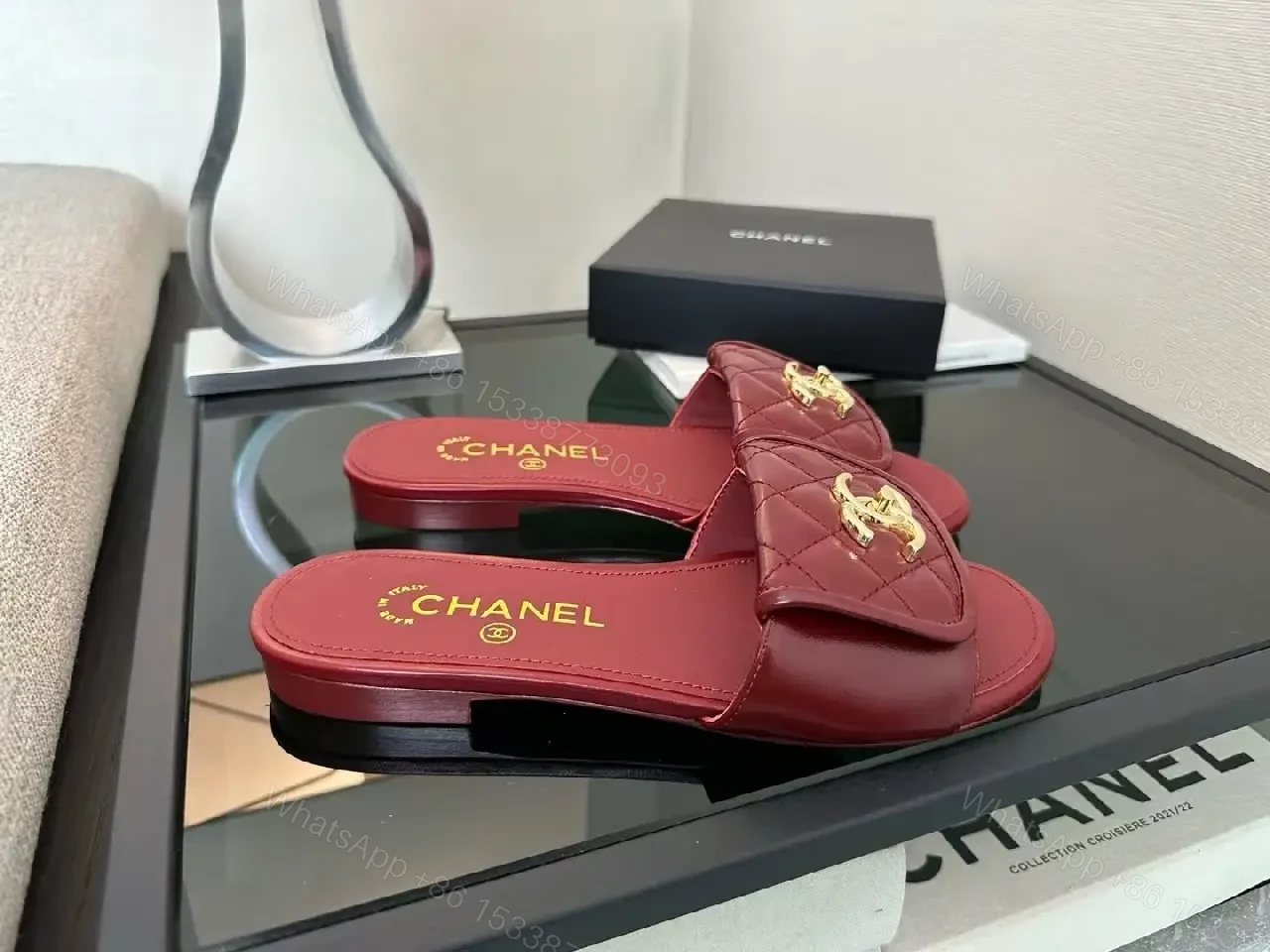 View 6 of Velvet Red Slides with Gold Hardware – Luxe Comfort