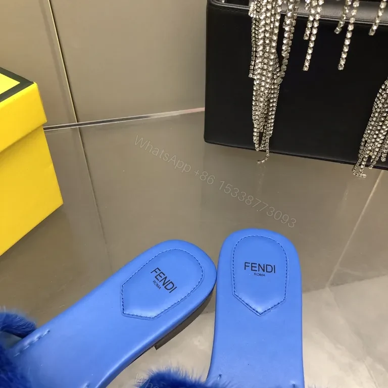 View 9 of Blue Fur-Trim Slip-On Sandals with Fendi-Inspired Hardware
