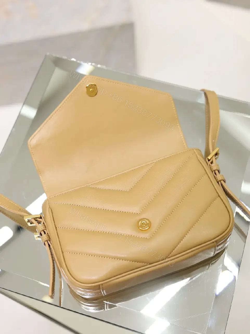 View 3 of Beige Leather Crossbody Bag Flap Chevron Stitching