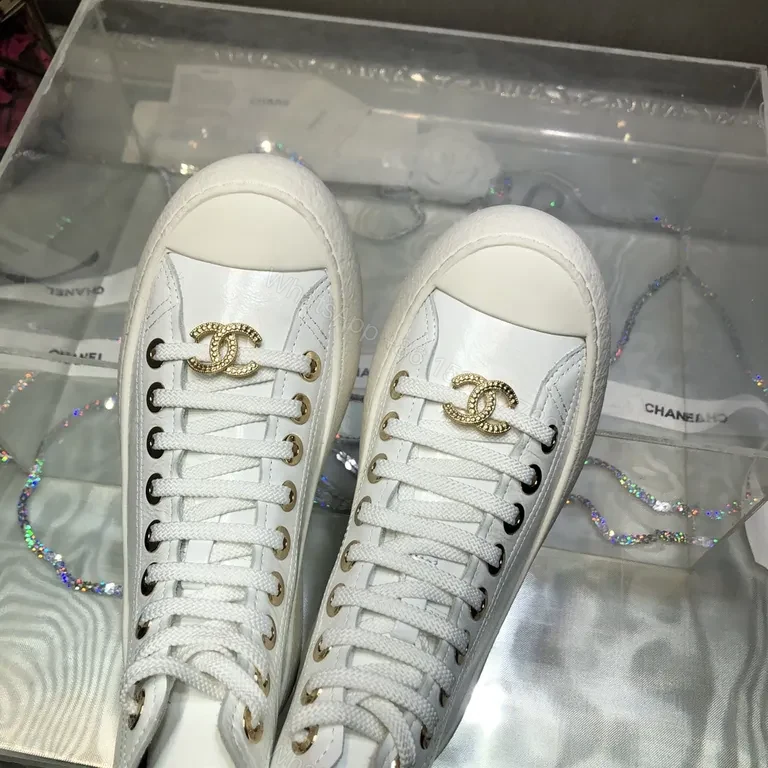 View 5 of Premium White High-Top Sneakers with Gold Emblem