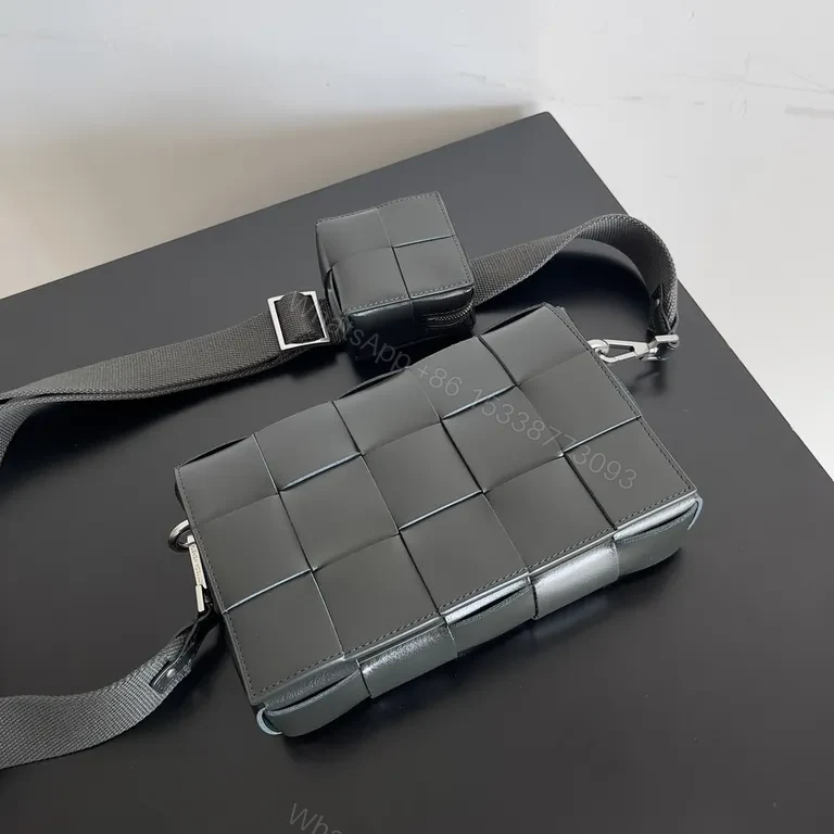 View 4 of Structured Leather Bottega-Style Grid Crossbody Bag