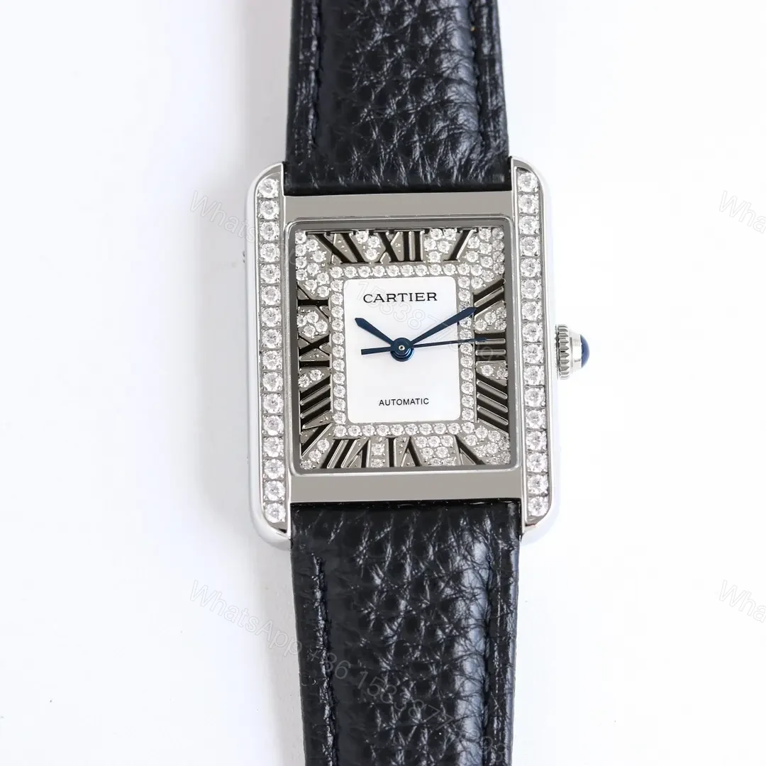 View 9 of AF Factory Cartier Tank MK3 Women’s Automatic Mechanical Watch – Silver with Diamond Bezel, Black Leather Strap