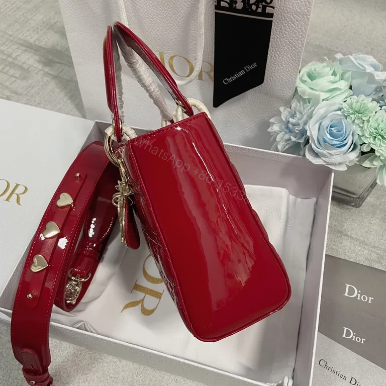 View 3 of Glossy Red Dior-Style Structured Handbag with Gold Hardware