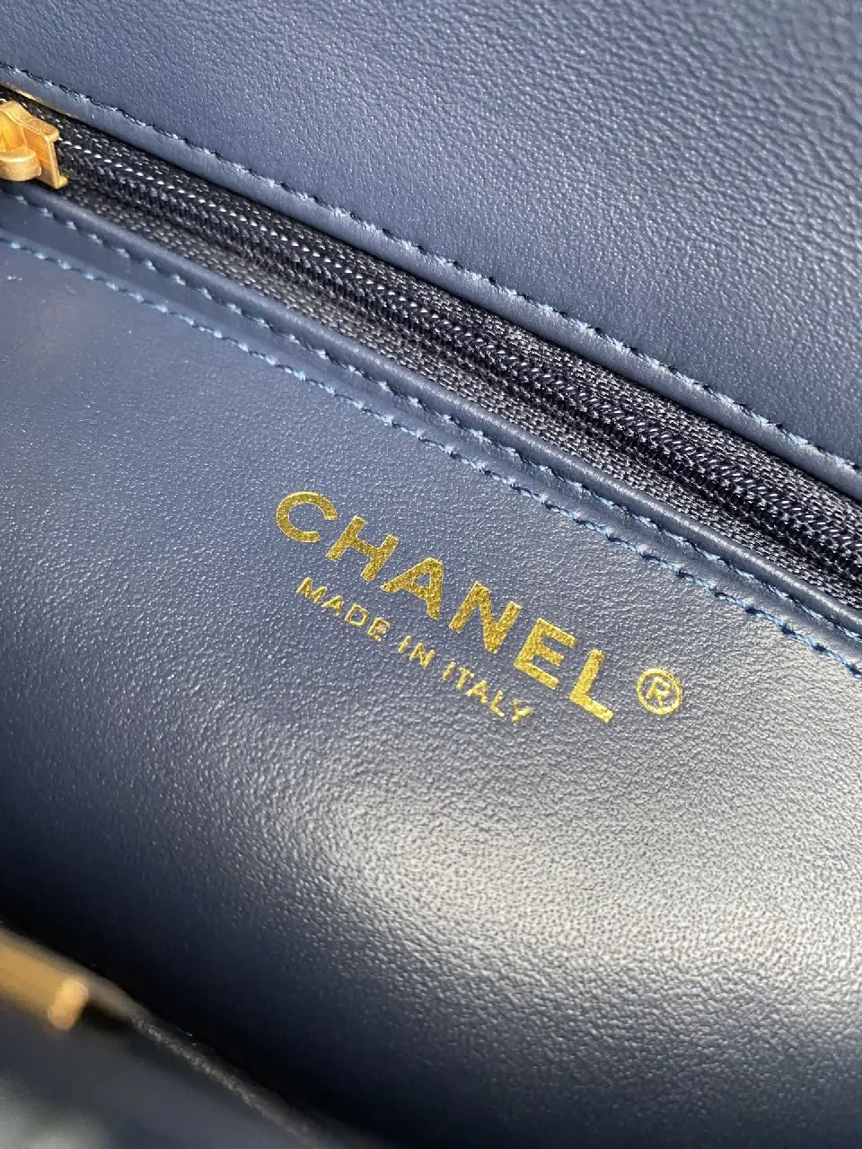 View 4 of Light Blue Denim Quilted Flap Bag with Gold CC Chain Strap