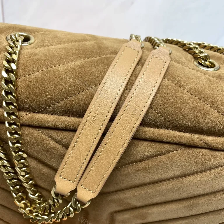 View 7 of Chic Camel Suede Quilted Shoulder Bag with Gold Hardware
