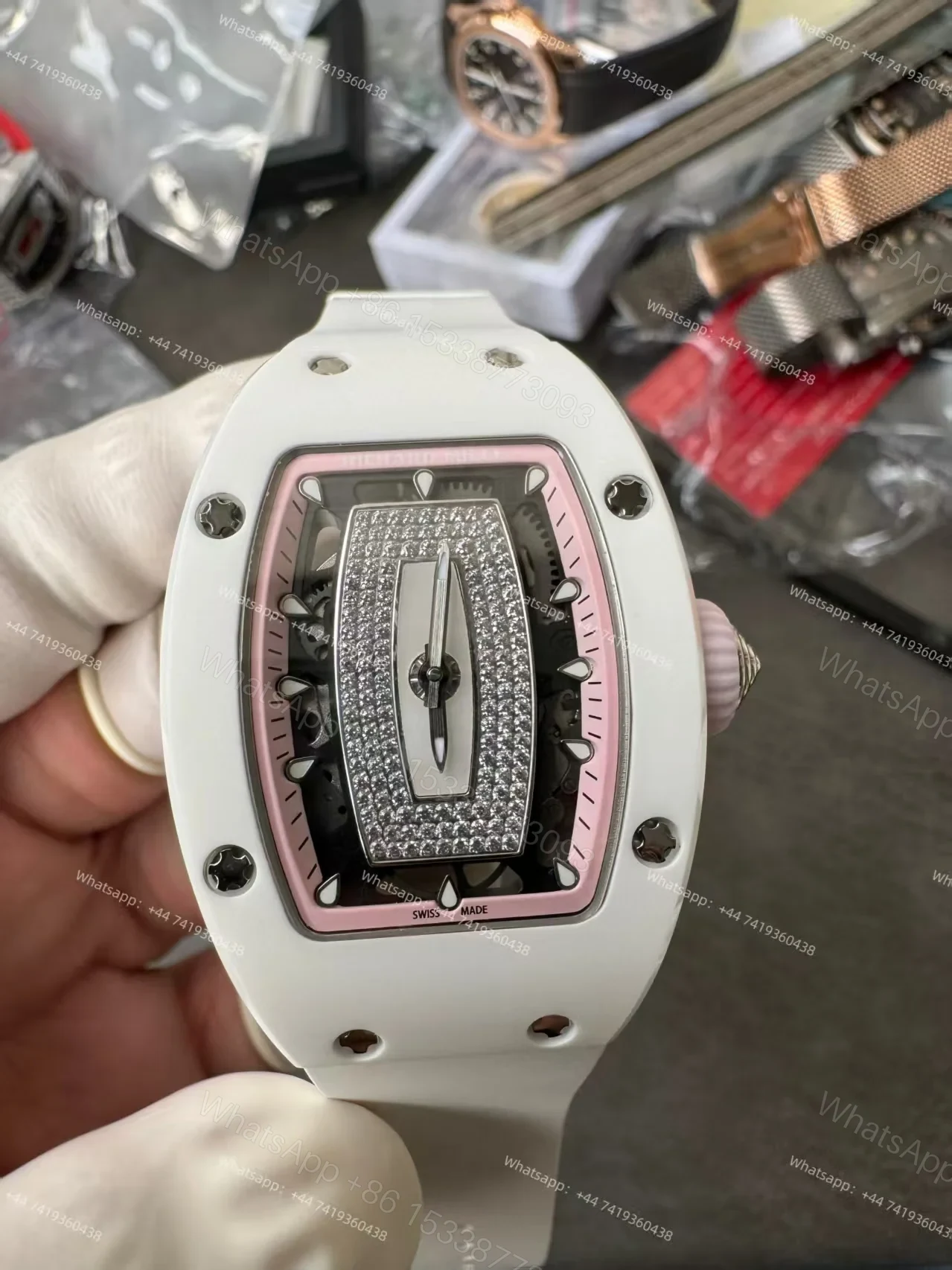 View 3 of Super Clone Richard Mille RM 07-01 White Ceramic Pink Diamond 1:1 Replica Watch