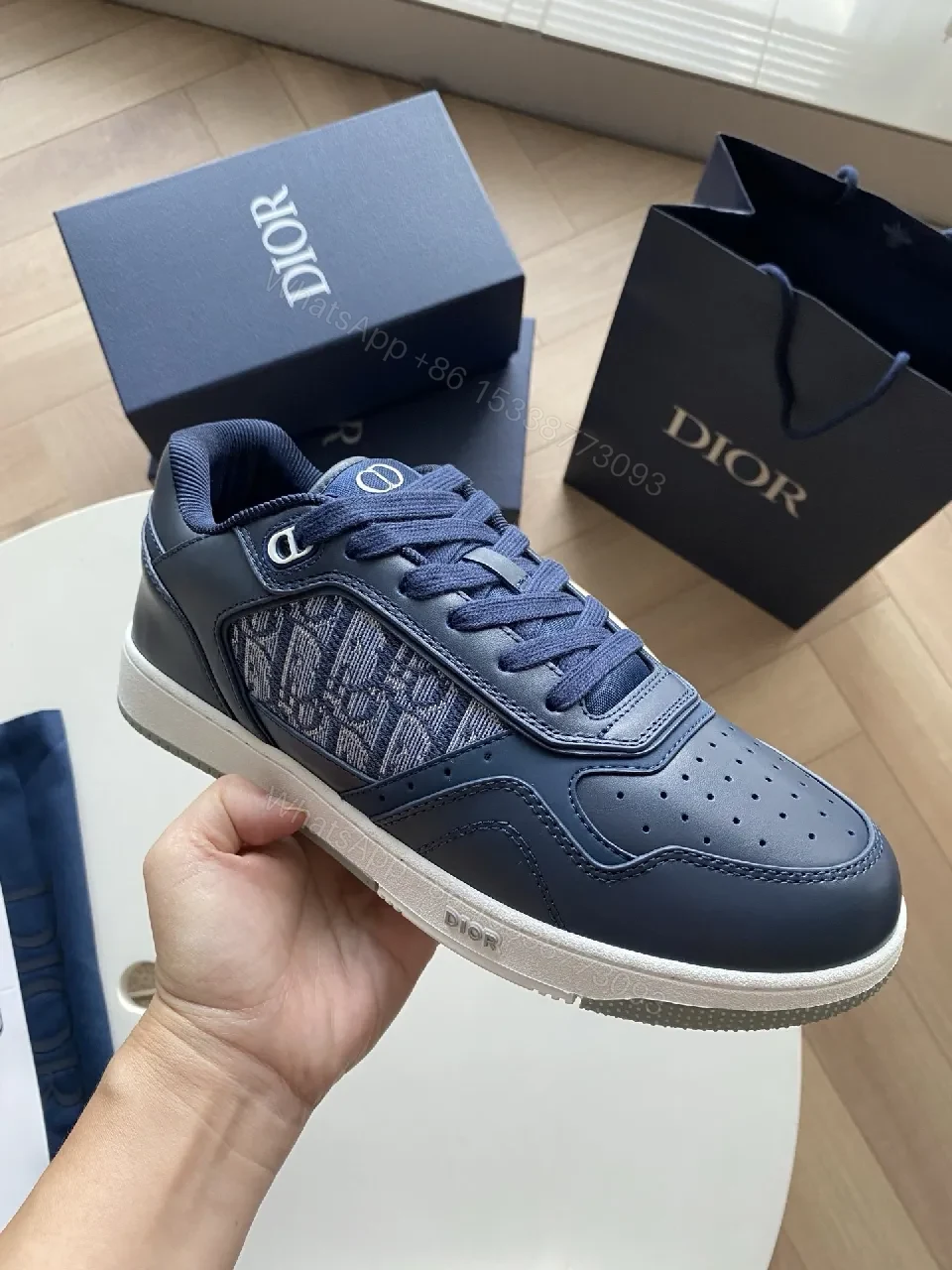 View 7 of Navy Leather Dior-Style Monogram Sneaker with Textured Panels