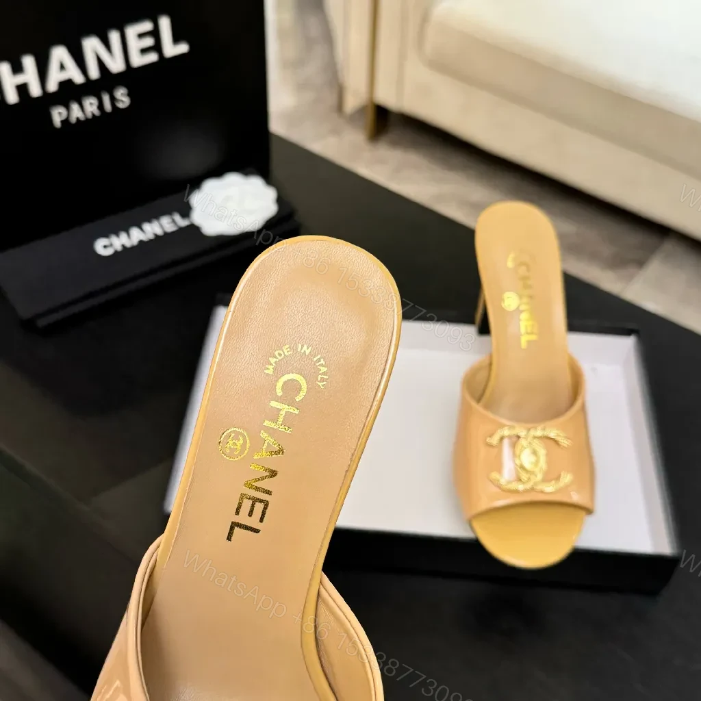 View 3 of Satin Mules: Nude-Toned, Gold-Emblem, Block Heel, Luxe Comfort